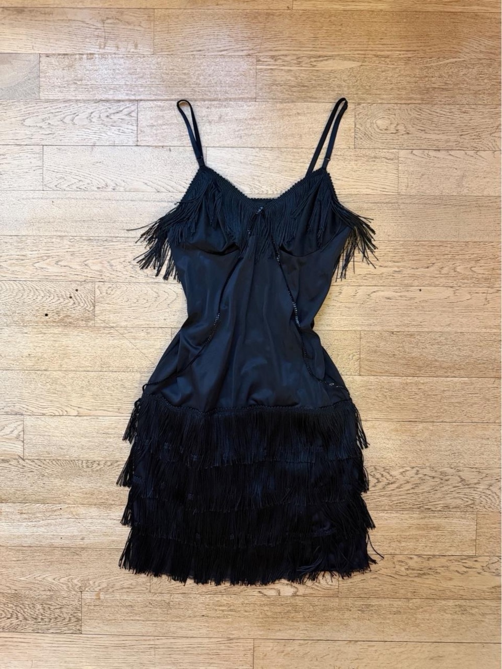 Vintage 70s Vanity Fair Black Fringe Glam Slip Dress Flapper
